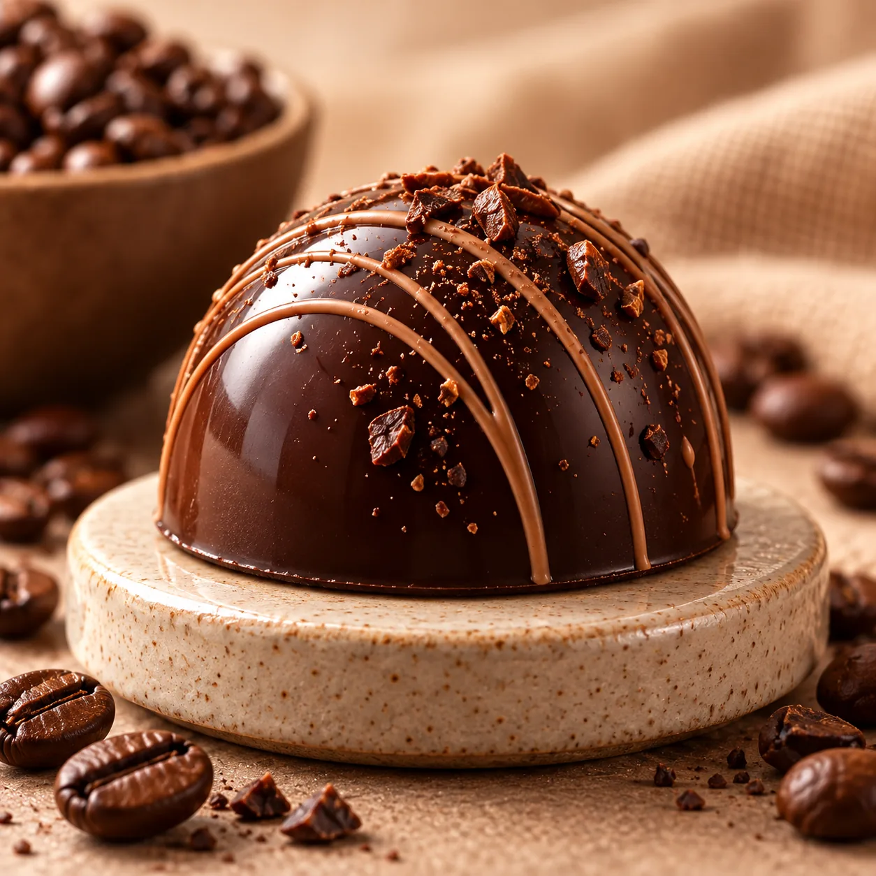 Homemade chocolate capsule decorated with shavings and chocolate drizzle