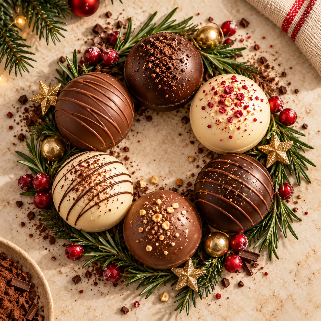 Cappuccino capsules decorated over rosemary sprigs and red berries